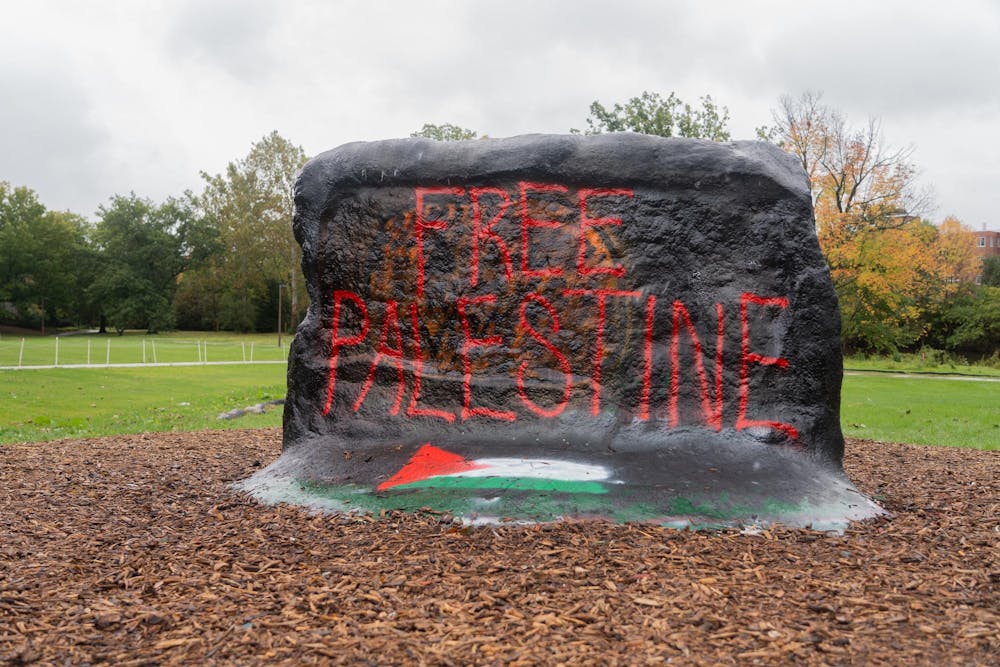 <p>The Rock on Farm Lane read "Free Palestine" on Tuesday, Oct. 10, 2023, two days after Israel declared war on Hamas.</p>