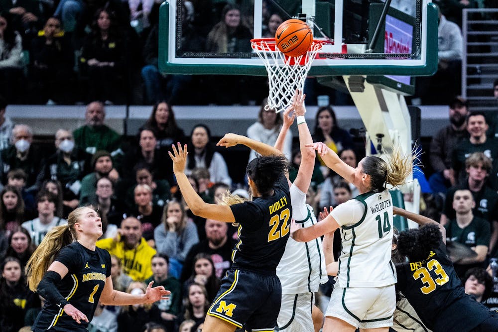 Michigan Wolverines scores a basket during the women’s rivalry matchup at the Breslin Student Events Center in East Lansing, Mich., on Sunday, Feb. 1, 2026.