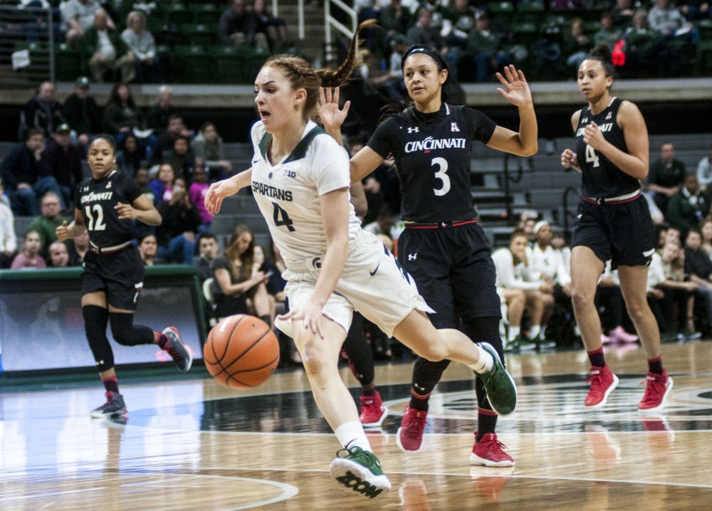 <p>Sophomore guard Taryn McCutcheon (4) flies past Cincinnati guard Ana Owens (3) during the first half of the Women's National Invitation Tournament against Cincinnati on March 15, 2018 at Breslin Center. The Spartans were leading against the Bearcats at halftime, 46-36.(Annie Barker | State News)</p>