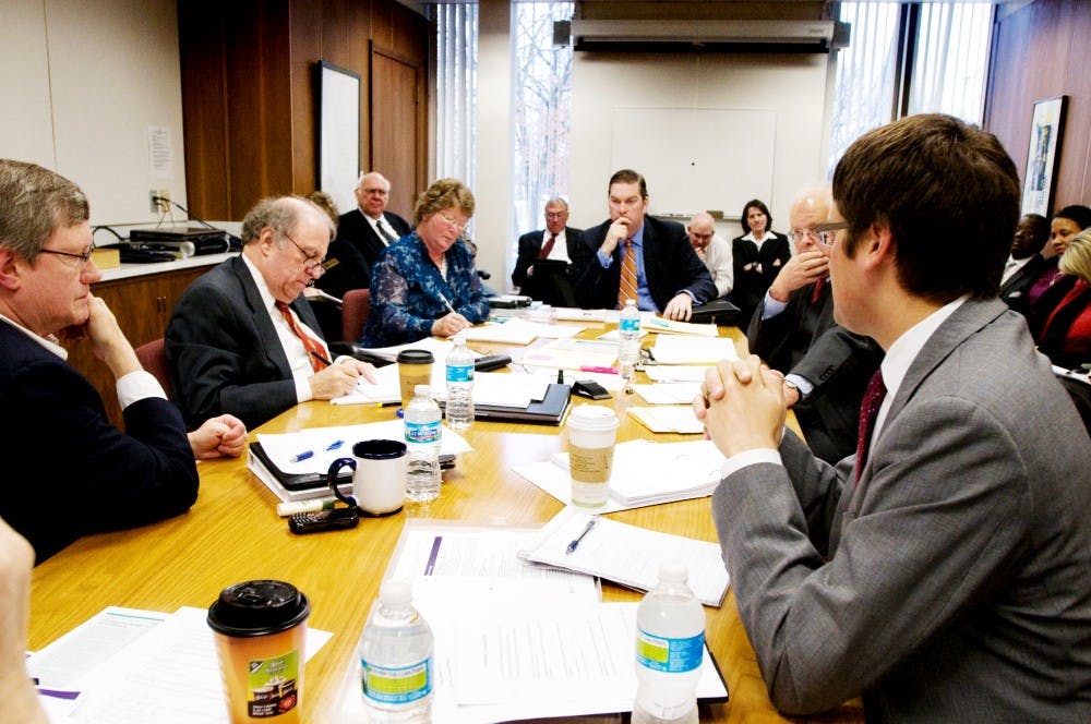 East Lansing councilmembers discuss the candidates for the next city manager at the East Lansing City Council meeting Friday morning at City Hall. The Council unanimously selected current Interim City Manager George Lahanas as its next permanent city manager. Derek Berggren/The State News