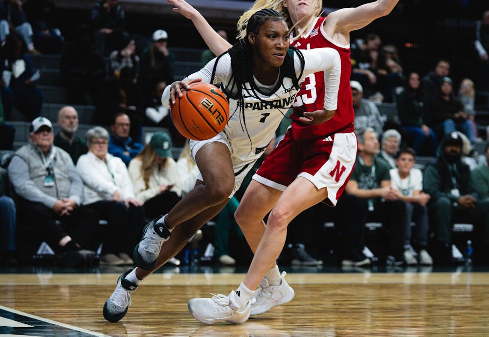 <p>MSU junior guard Rashunda Jones (1) dribbles past Nebraska at the Breslin Center in East Lansing, MI, on Jan. 15, 2026.</p>