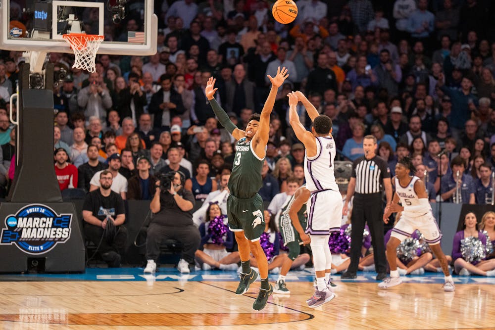 Senior guard Markquis Nowell shoots the ball during the Spartans' Sweet Sixteen matchup with Kansas State at Madison Square Garden on Mar. 23, 2023. The Spartans lost to the Wildcats 98-93 in overtime.