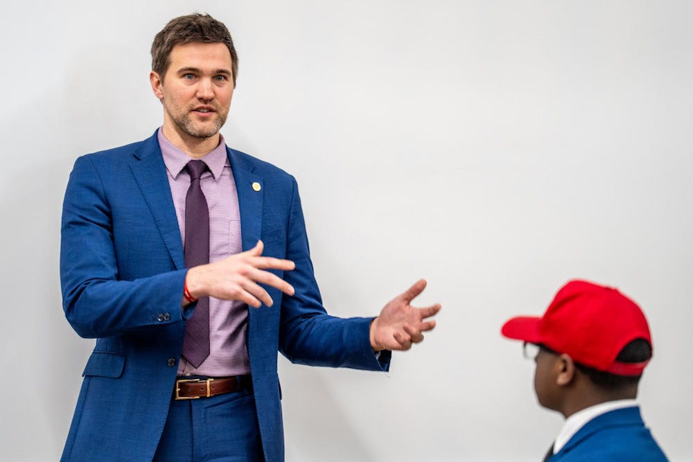 <p>Michigan State Rep. Josh Schriver speaks to the Michigan State University chapter of Turning Point USA in MSU's Wells Hall in East Lansing, Mich., on Wednesday, March 11, 2026. </p>