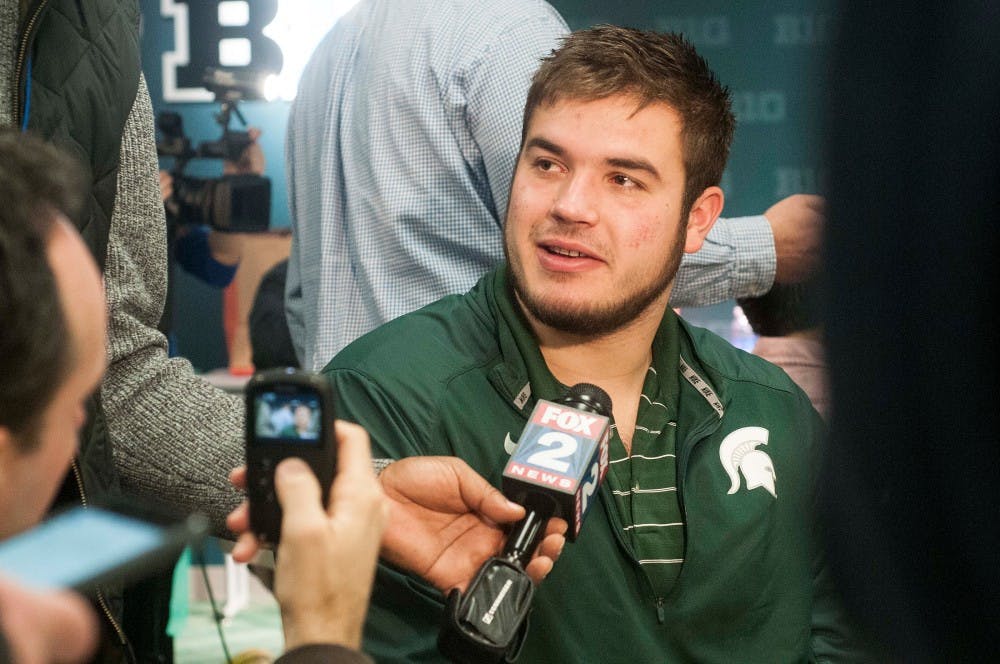 Junior offensive tackle Jack Conklin discusses aspects of his career at MSU during a Cotton Bowl media conference on Dec. 16, 2015 at Spartan Stadium. Select members of the MSU football team answered questions posed by numerous media outlets regarding the upcoming Cotton Bowl against Alabama.