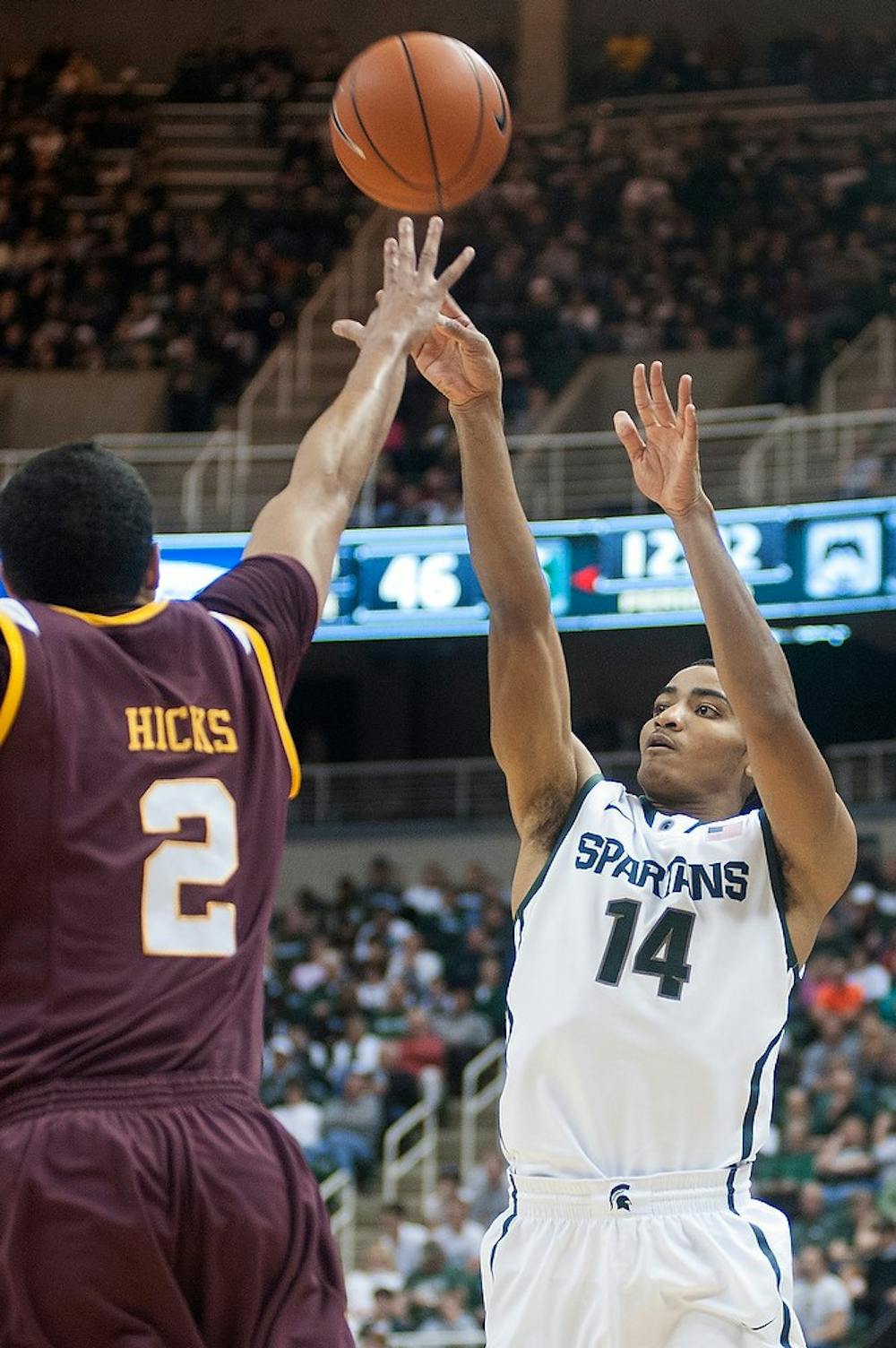 	<p>Freshman guard Gary Harris makes a shoot in the second half of the game. The Spartans defeated Loyola Chicago, 73-61, Saturday, Dec. 8, 2012, at Breslin Center. Justin Wan/The State News</p>