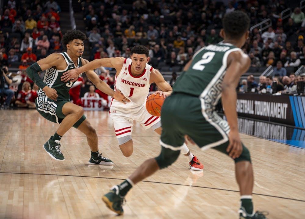 <p>Sophomore guard Johnny Davis (1) brings the ball down the court in MSU&#x27;s match against the Badgers in the quarter-finals of the B1G Tournament at Gainbridge Fieldhouse in Indianapolis, Indiana. Shot on March 11, 2022. </p>