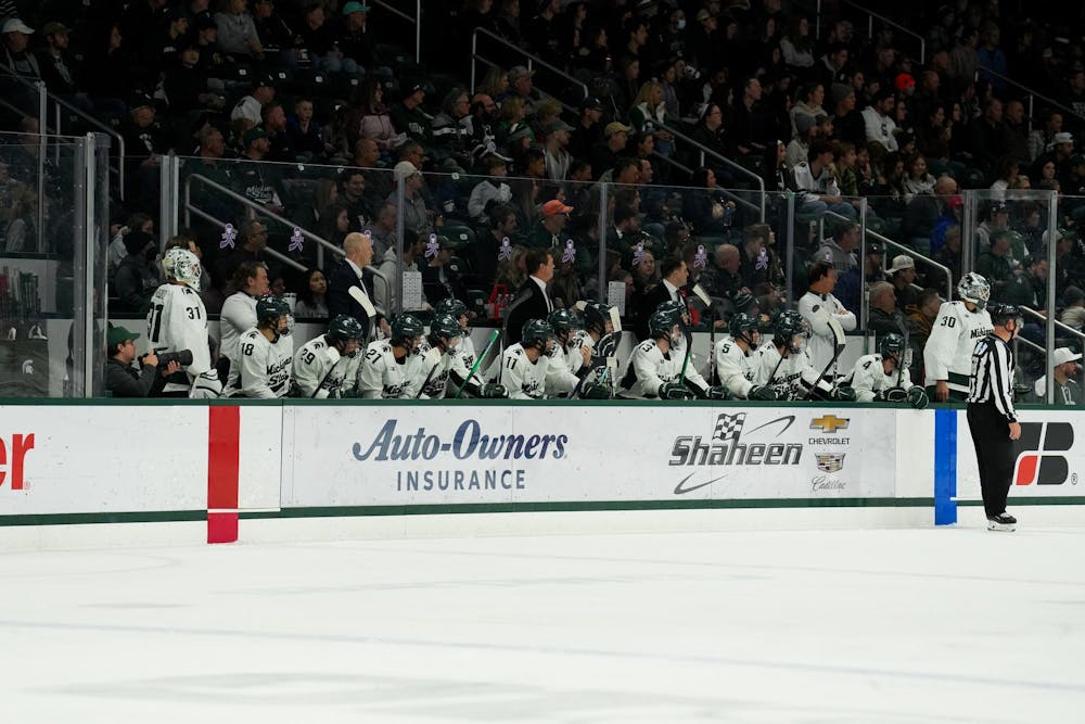 The Michigan State men's hockey bench looks on during a game against the Wisconsin Badgers at Munn Ice Arena on Nov. 17, 2023.