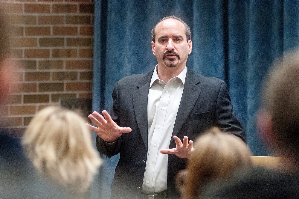 	<p>Detroit Tigers&#8217; play-by-play announcer Mario Impemba gives a guest lecture Wednesday, Nov. 28, 2012, at the Communication Arts and Sciences Building. Impemba, an <span class="caps">MSU</span> graduate, has been calling Tigers games since 2002. Adam Toolin/The State News</p>