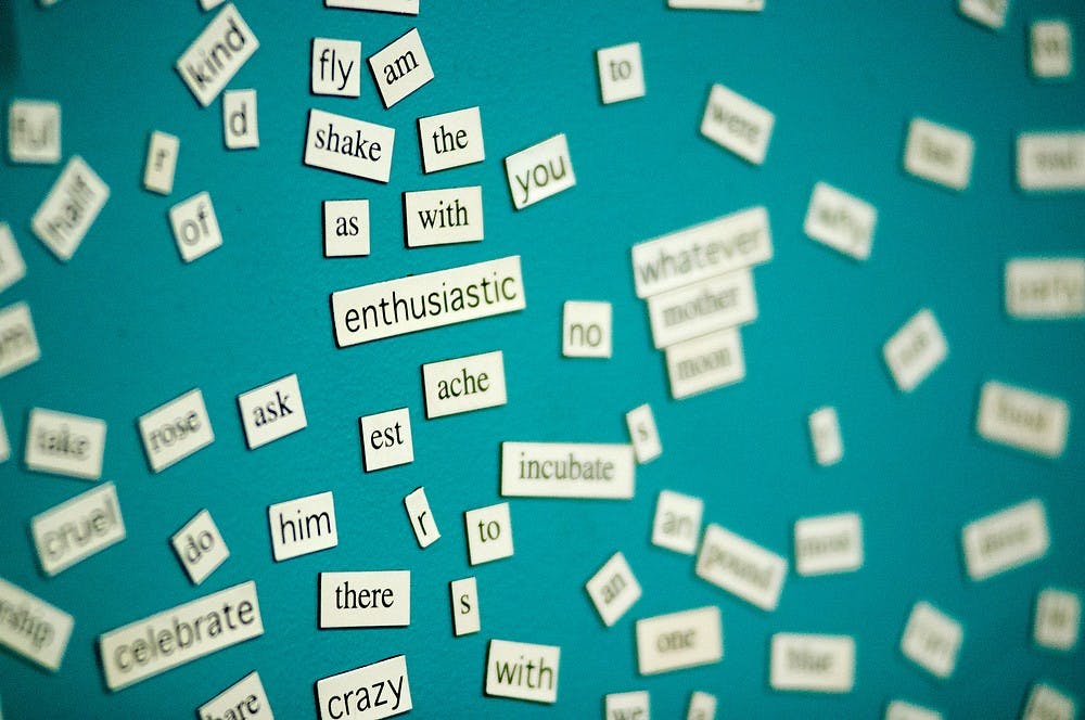 	<p>Magnetic words hang on a wall during the <span class="caps">MSU</span> Poetry Slam Team meeting Jan. 29, 2014, at the Writing Center at Bessey Hall. The words are used for inspiration. </p>