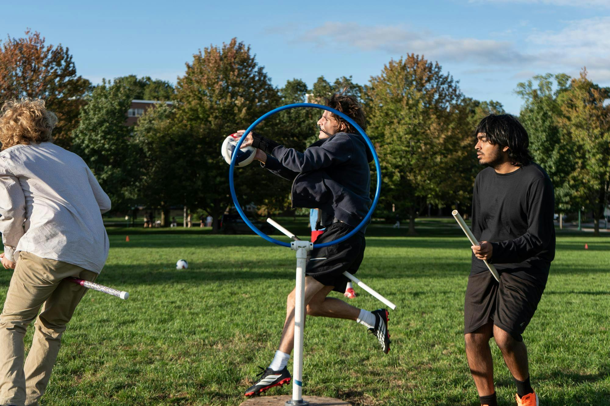 <p>Michigan State quadball senior chaser Owen Connell takes control of the quadball during their practice at IM East Field in East Lansing, Mich., on Monday, Sept. 21, 2026.</p>