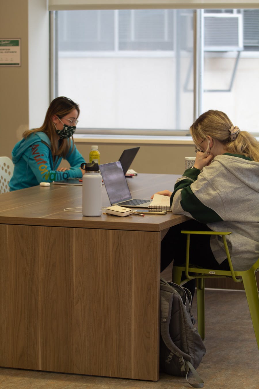 <p>Bella Demay (left) and Jenna Rizzi (right) studying in a McDonel study lounge, Tuesday, Jan. 19.</p>