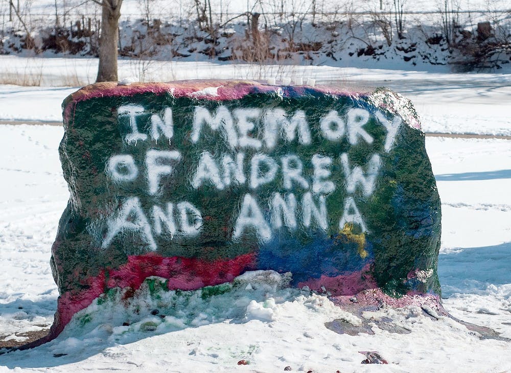 	<p>The rock on Farm Lane reads &#8220;In Memory of Andrew And Anna&#8221;  on Monday, Feb. 25, 2013, to raise awareness of the two deaths of <span class="caps">MSU</span> students over the weekend. Katie Stiefel/The State News</p>