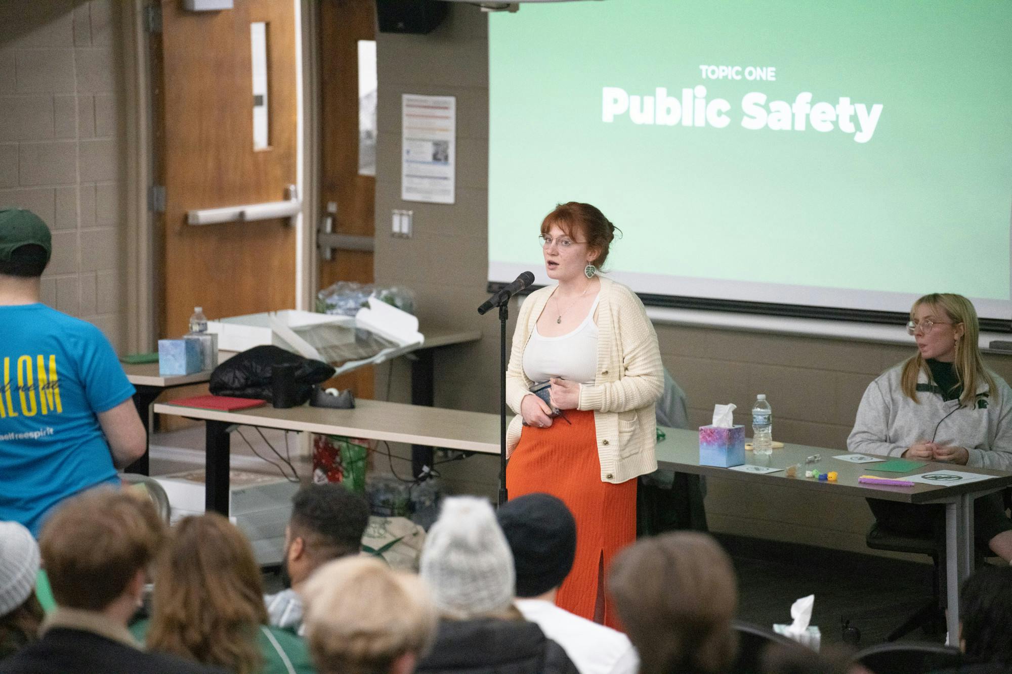 <p>Maeve Denshaw, President of MSU outdoor club speaking at the Student Town Hall Meeting and Discussion held at Bessey Hall on Feb. 21, 2023.</p>