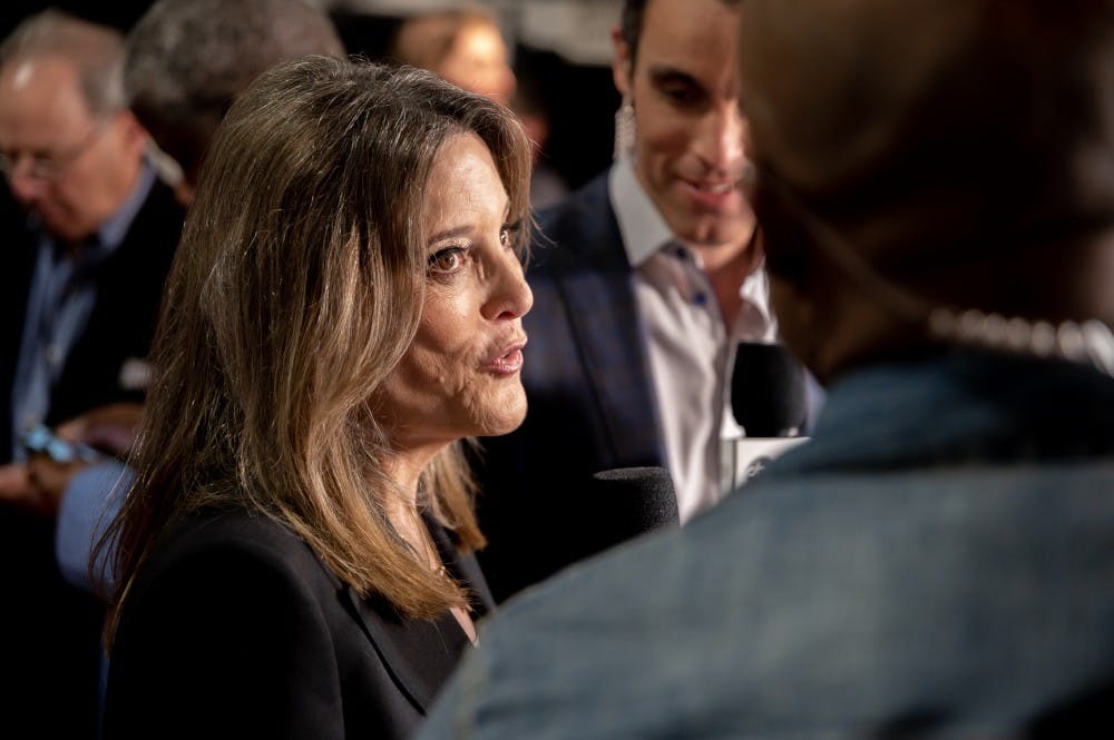 Author Marianne Williamson speaks to the press after the first night of CNN's Democratic Debates at Detroit's Fox Theater on July 30, 2019.