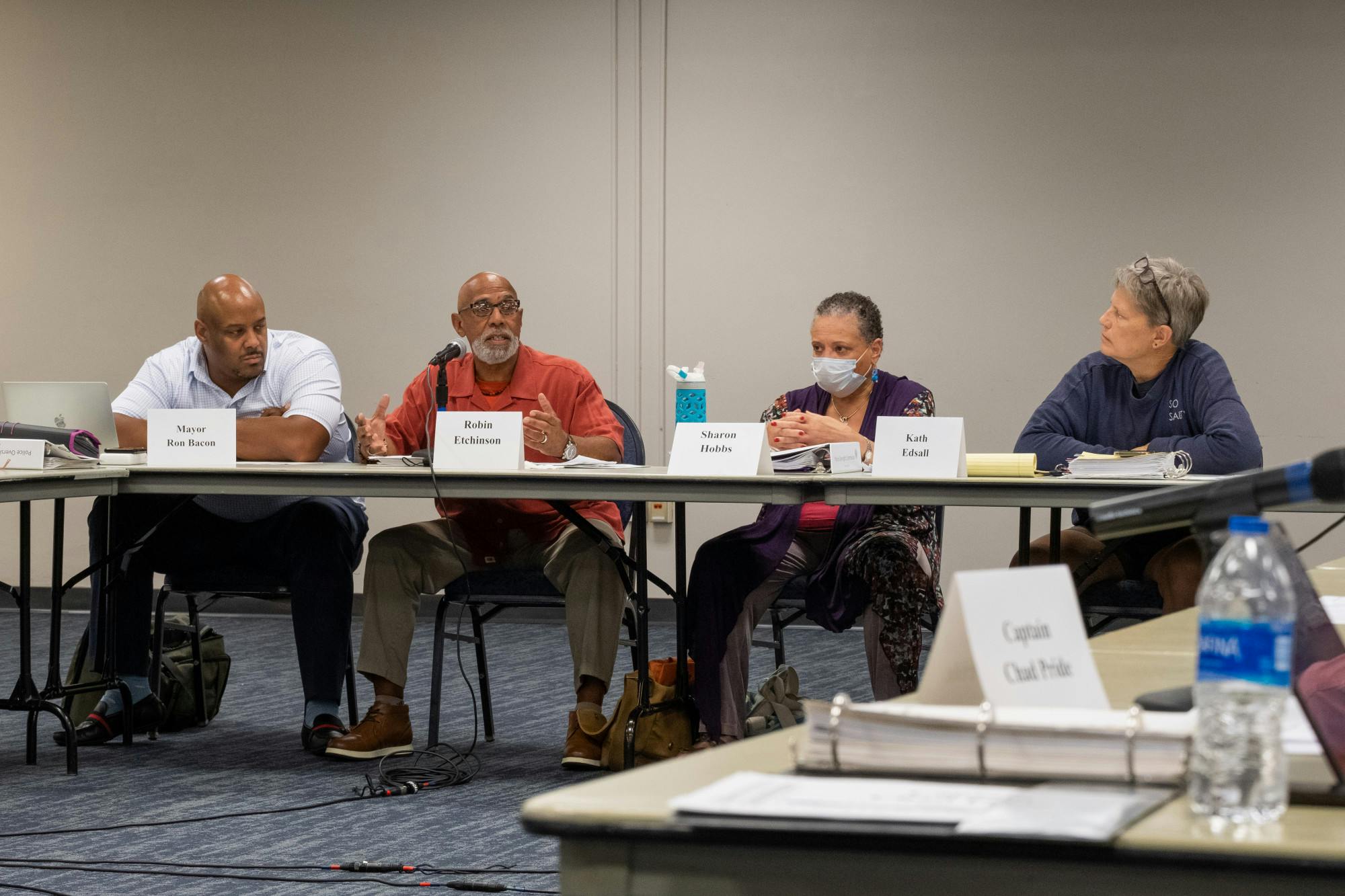 <p>Members of the East Lansing Independent Police Oversight Commission (L-R: East Lansing Mayor Ron Bacon, Robin Etchinson, Sharon Hobbs and Kath Edsal) at the Hannah Community Center on Sept. 7, 2022.</p>