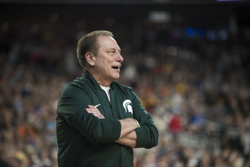 <p>Michigan State Head Coach Tom Izzo looks on during Michigan State&#x27;s NCAA Men&#x27;s Basketball Final Four open practice at U.S. Bank Stadium in Minneapolis on April 5, 2019. (Nic Antaya/The State News)</p>