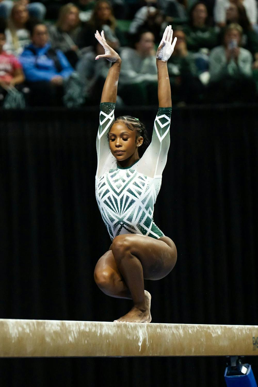 <p>Michigan State junior all-around gymnast Nikki Smith competes on the beam during the meet against the University of Michigan at the Breslin Center on Jan. 17, 2025.</p>