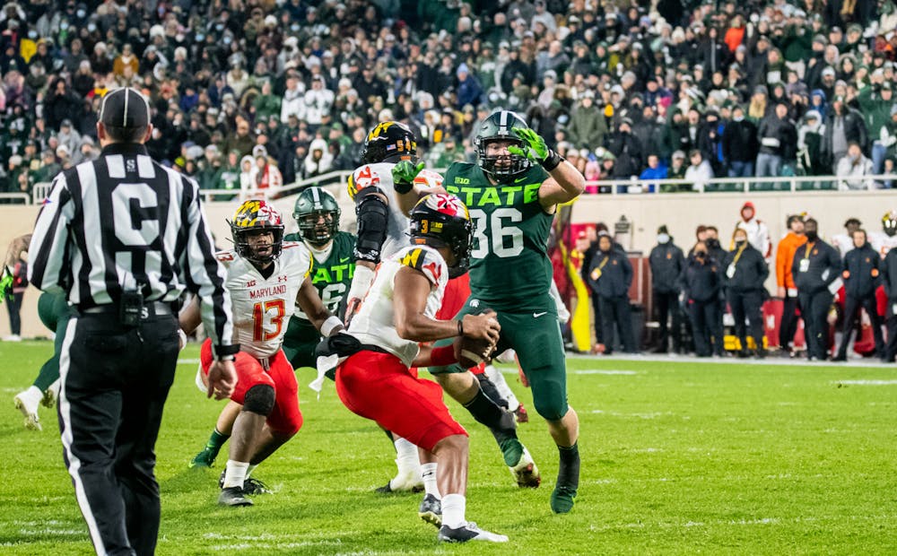 <p>Michigan State&#x27;s redshirt sophomore defensive back Torrell Williams (36) attempts to block a potential pass during Michigan State&#x27;s victory over University of Maryland on Nov. 13, 2021.</p>