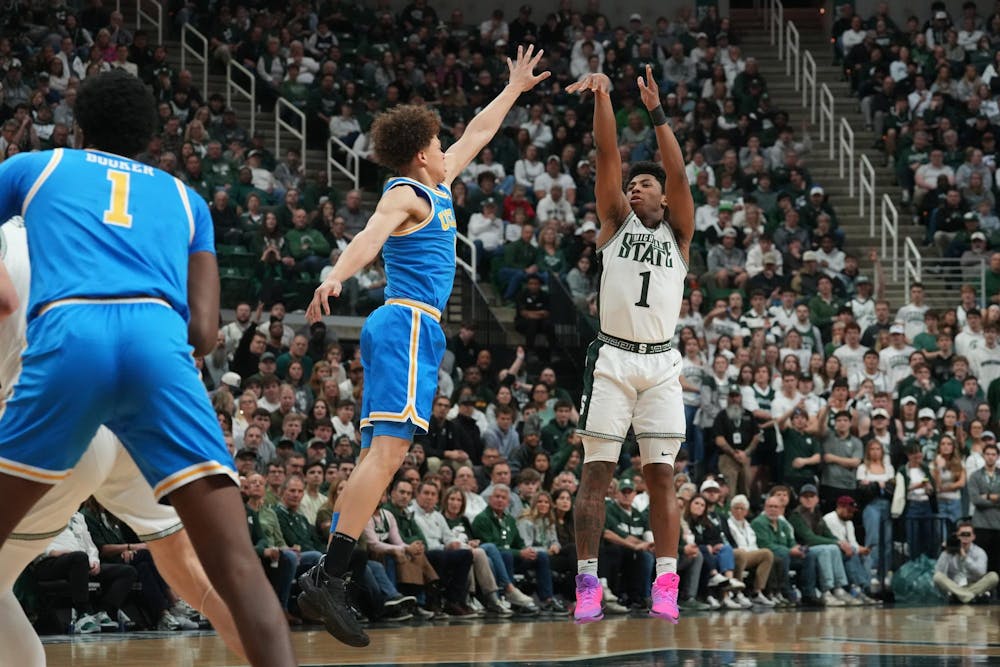 Michigan State sophomore guard Jeremy Fears Jr. (1) shoots the ball against UCLA at the Breslin Center in East Lansing, Michigan, on Tuesday, Feb. 17, 2026.