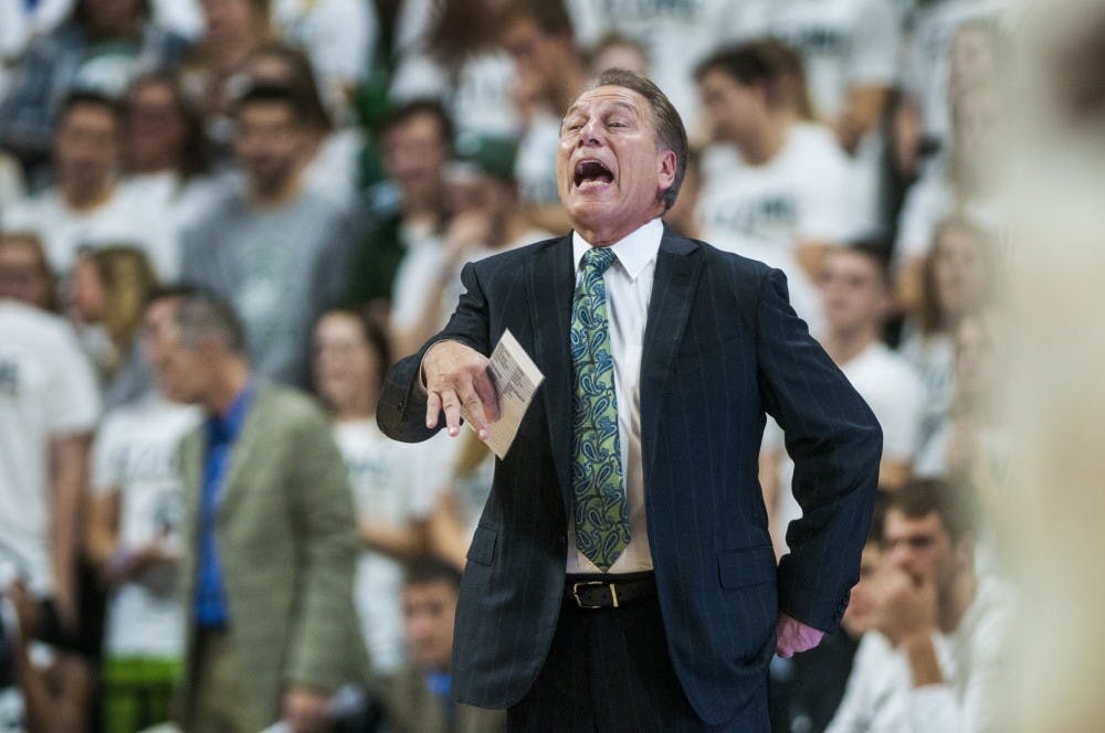 Head coach Tom Izzo reacts to a call during the game against Mississippi Valley State on Nov. 18, 2016 at Breslin Center. 