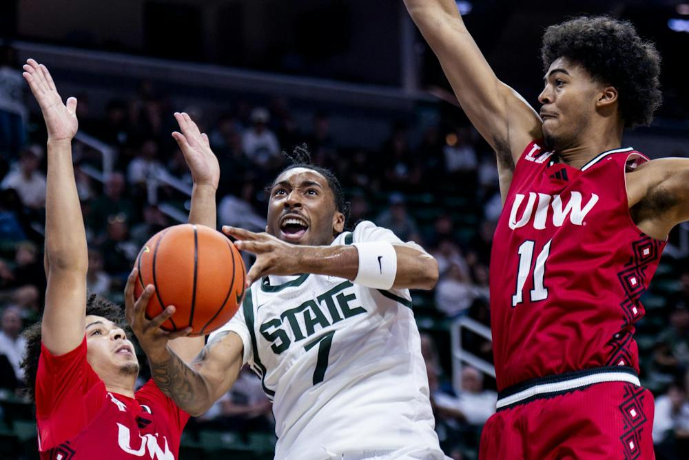 <p>Michigan State guard Carlos Medlock Jr. (7) goes up for a basket during the Michigan State vs. Incarnate Word men's basketball exhibition game at Breslin Center in East Lansing, Mich., on Friday, Oct. 2, 2026.</p>