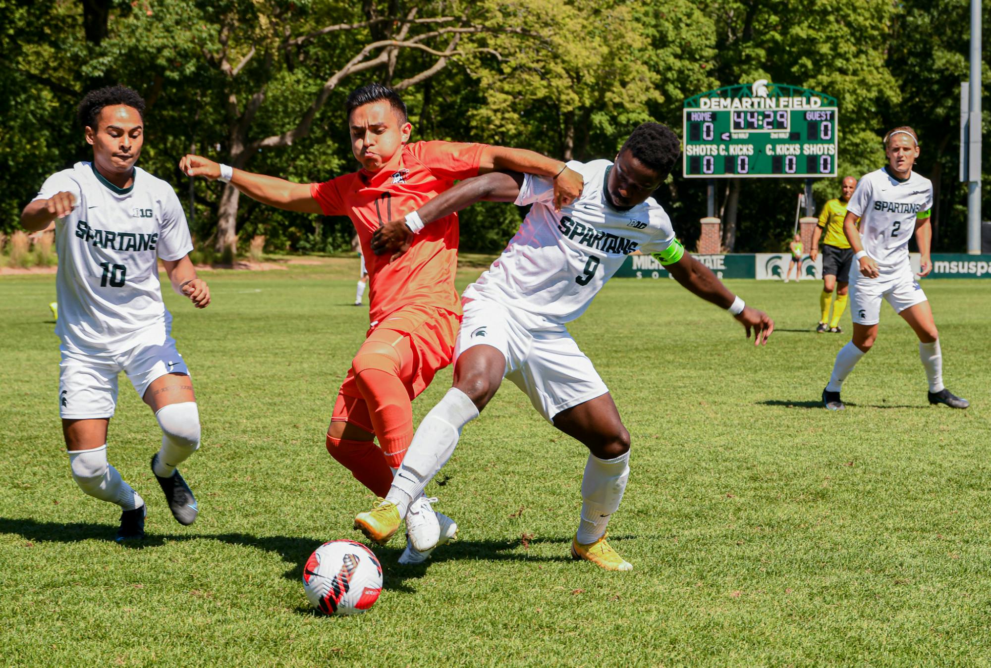 Senior forward Farai Mutatu fights for the ball near the sideline during the Spartans' 3-0 loss to Bowling Green on Sep. 6, 2021.