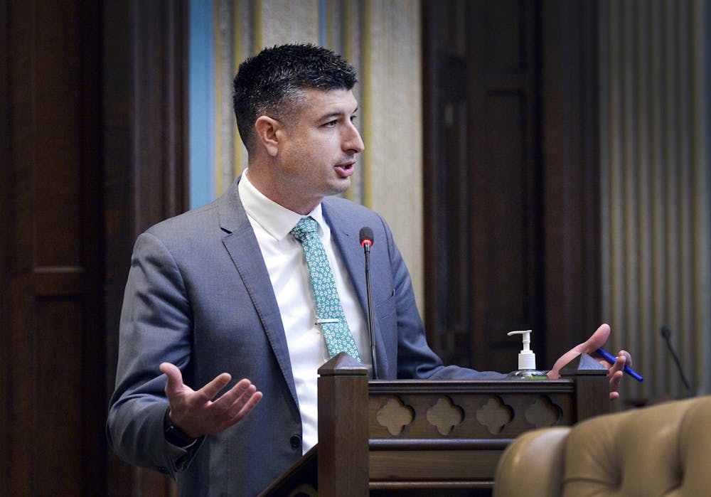<p>Sen. Tom Barrett, R-Charlotte, speaks on the Senate floor Tuesday on House Bill 4019, which would enable private funds that he and Sen. Adam Hollier raised to reimburse National Guard troops for money spent on meals.</p>
