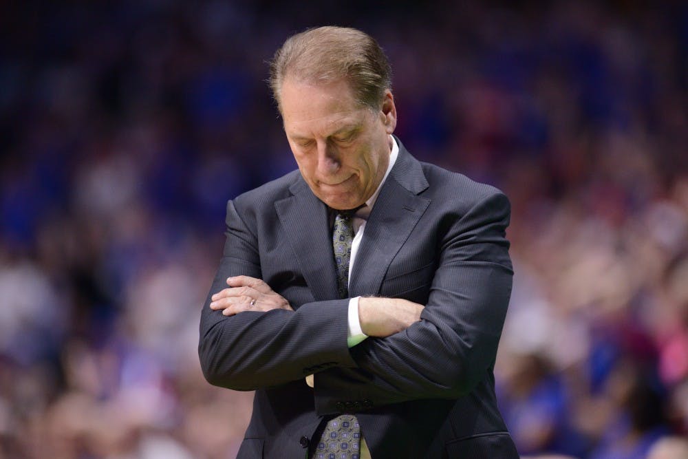 Head coach Tom Izzo reacts during the second half of the game against University of Kansas in the second round of the Men's NCAA Tournament on March 19, 2017 at  at the BOK Center in Tulsa, Okla.The Spartans were defeated the Jayhawks, 90-70.