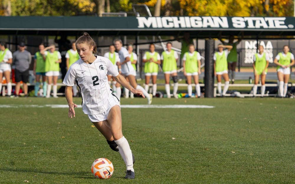 Senior Lauren Debeau, 2, makes her way down the field during Michigan State’s game against Rutgers on Sunday, Oct. 23, 2022 at DeMartin Stadium. The Spartans took down the Scarlet Knights, 1-0, in their regular-season finale.