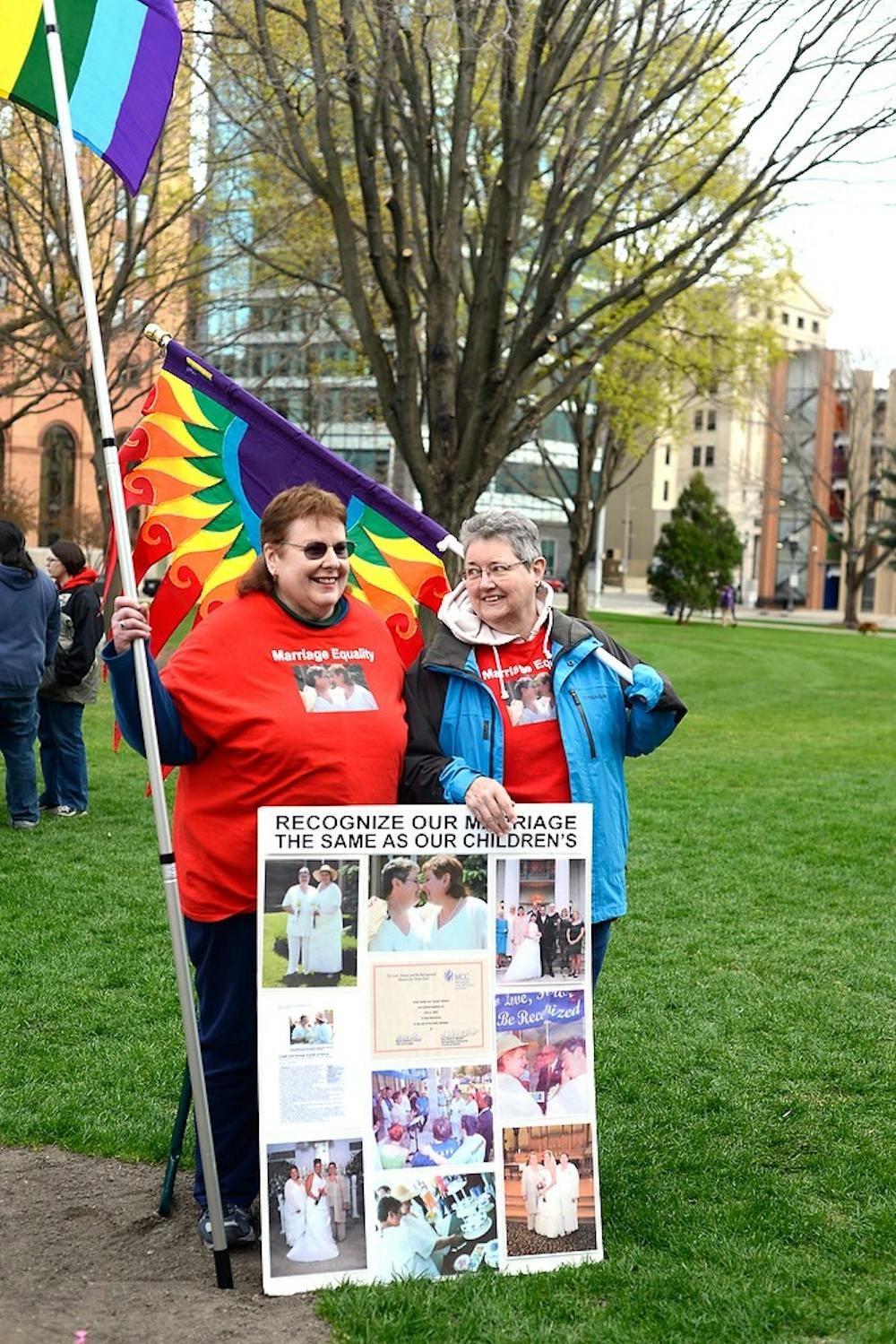 <p>Southfield residents Cindy Clardy and Jocelyn Walters support same-sex marriage April 27, 2015, at the Lansing Capitol. The vigil was held in anticipation of the same-sex marriage trials in the U.S. Supreme Court. Hannah Levy/The State News</p>
