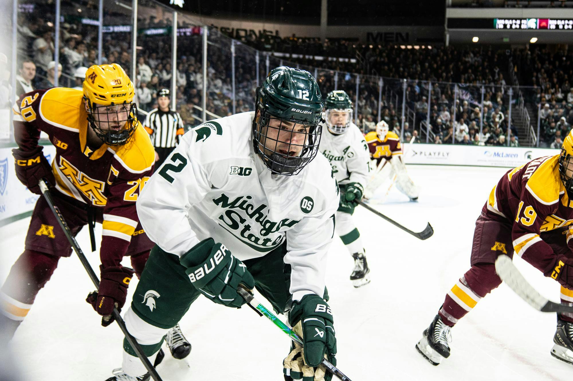 <p>MSU Jr. F, Griffin Jurecki (12) is chased my Minnesota during their matchup at Munn Ice Arena in East Lansing, Michigan on Saturday, Jan. 24, 2026.</p>