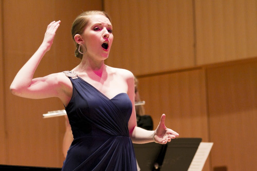 Music performance masters student Catherine Goode sings before her recital on April 15, 2016 at Cook Recital Hall in the Music Building.