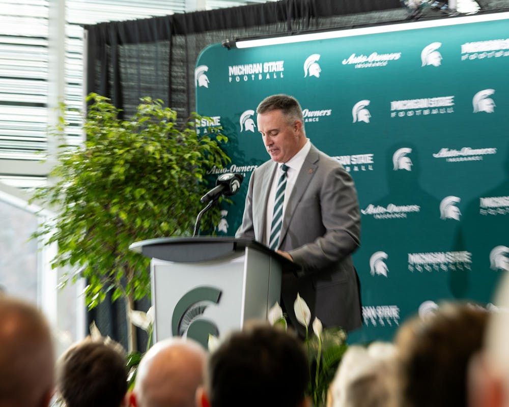 MSU's new football HC Pat Fitzgerald gives a speech in the Tom Izzo football building in East Lansing, MI on Dec. 2, 2025.