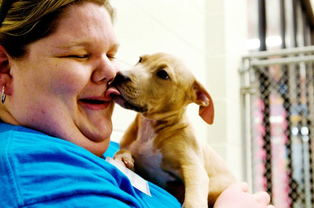 St. John's resident Amber Snater, a volunteer at the Capital Area Humane Society, plays with a puppy Tuesday at the Capital Area Humane Society. Snater has volunteered at the humane society since November. Jaclyn McNeal/The State News