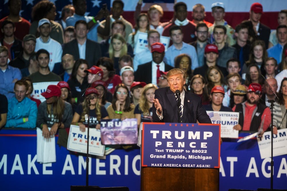 Republican presidential nominee Donald Trump gives a speech on Nov. 7, 2016 at DeVos Place Convention Center in Grand Rapids, Mich. The DeVos Place Convention Center was Trump's last stop for the 2016 election season.