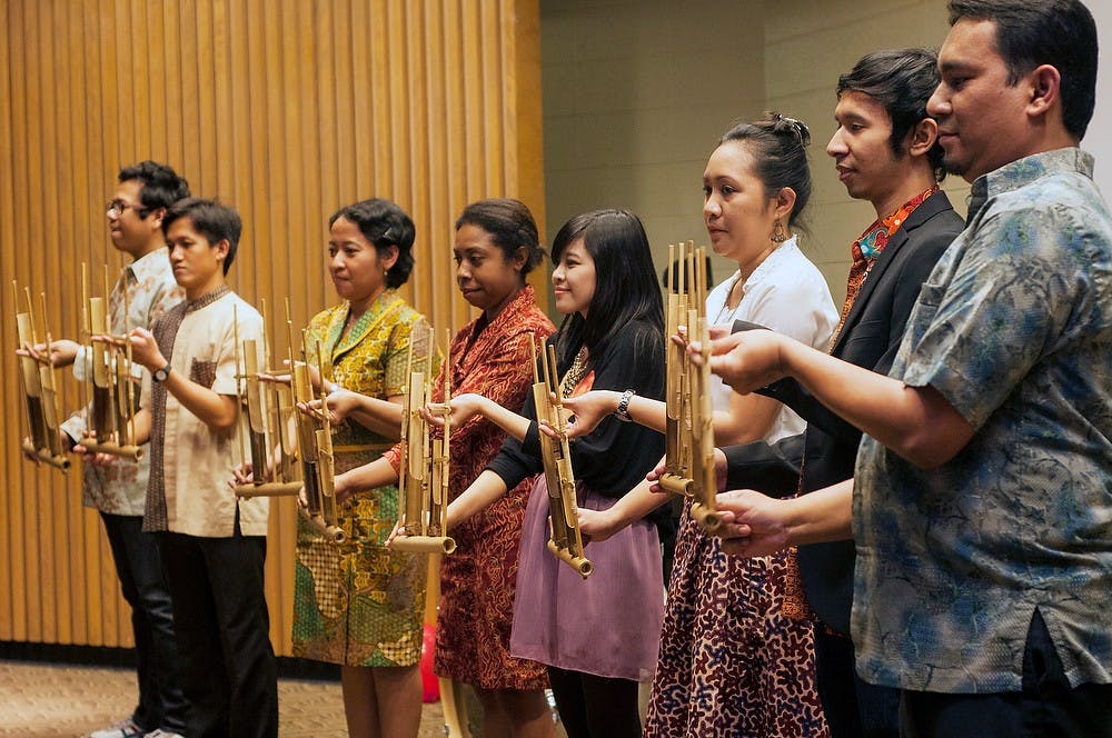 	<p>Students play traditional and modern songs on the anklungs Nov. 16, 2013, in the Erickson Hall Kiva. The <span class="caps">MSU</span> Indonesian Student Association put on the sixth annual Indonesian Culture Night which shows traditional dancing, music and authentic foods.</p>