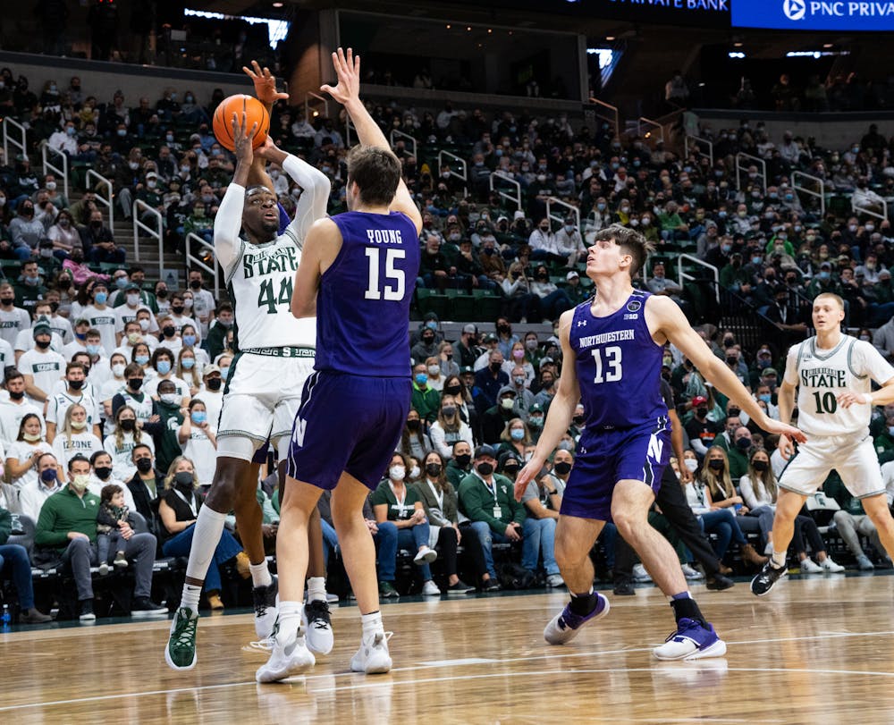 <p>Michigan State&#x27;s senior forward Gabe Brown (44) shoots the ball during Michigan State&#x27;s loss on Jan. 15, 2022.</p>