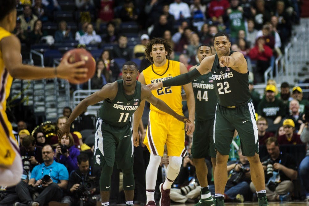 Freshman guard Miles Bridges (22) points to the point guard during the second half of the game against Minnesota in the third round of the Big Ten Tournament on March 10, 2017 at Verizon Center in Washington D.C. The Spartans were defeated by the Golden Gophers, 63-58.