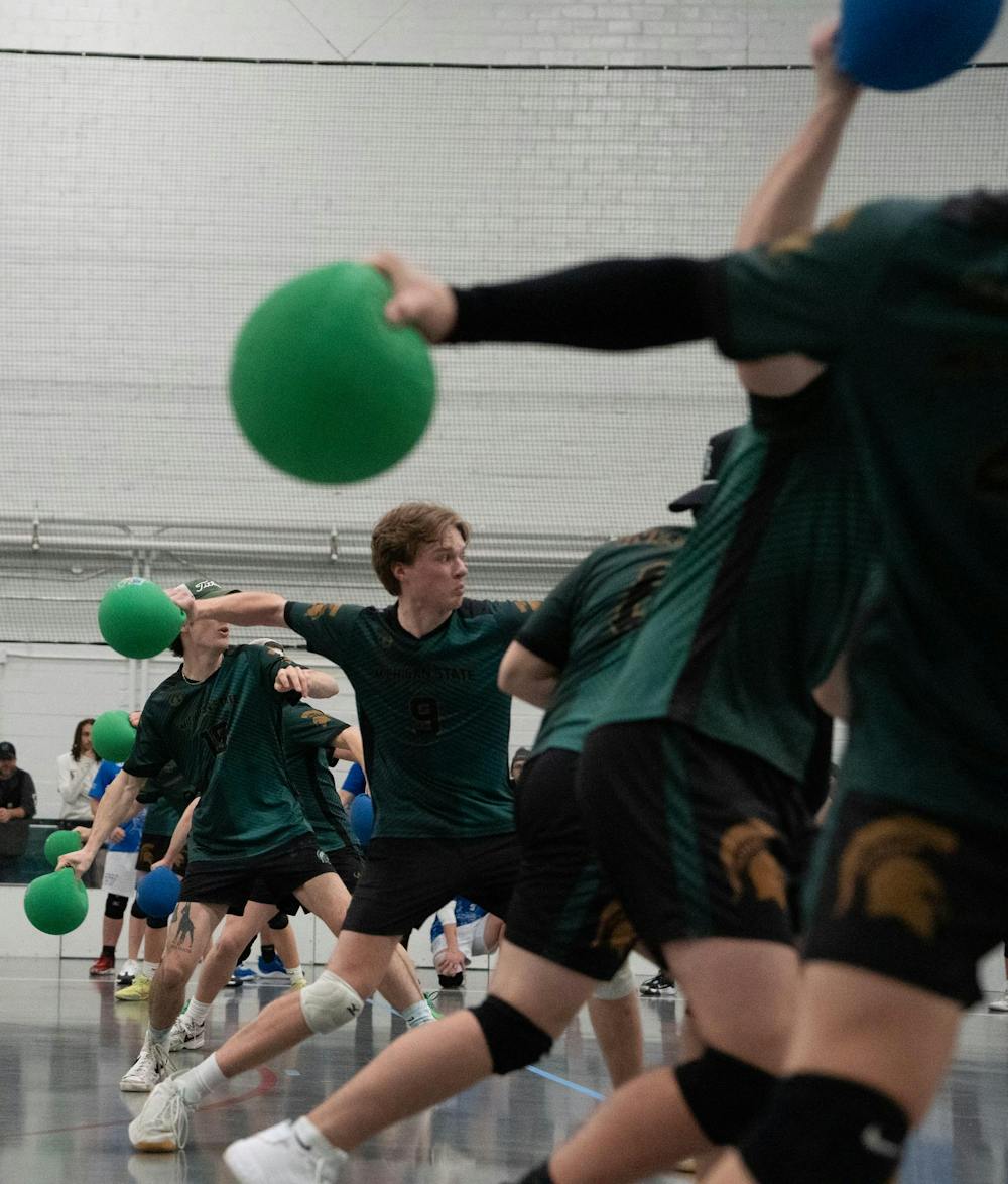 Michigan State University’s club dodgeball team competes in the 2026 Michigan Dodgeball Cup at Demonstration Hall on Feb. 21, 2026.
