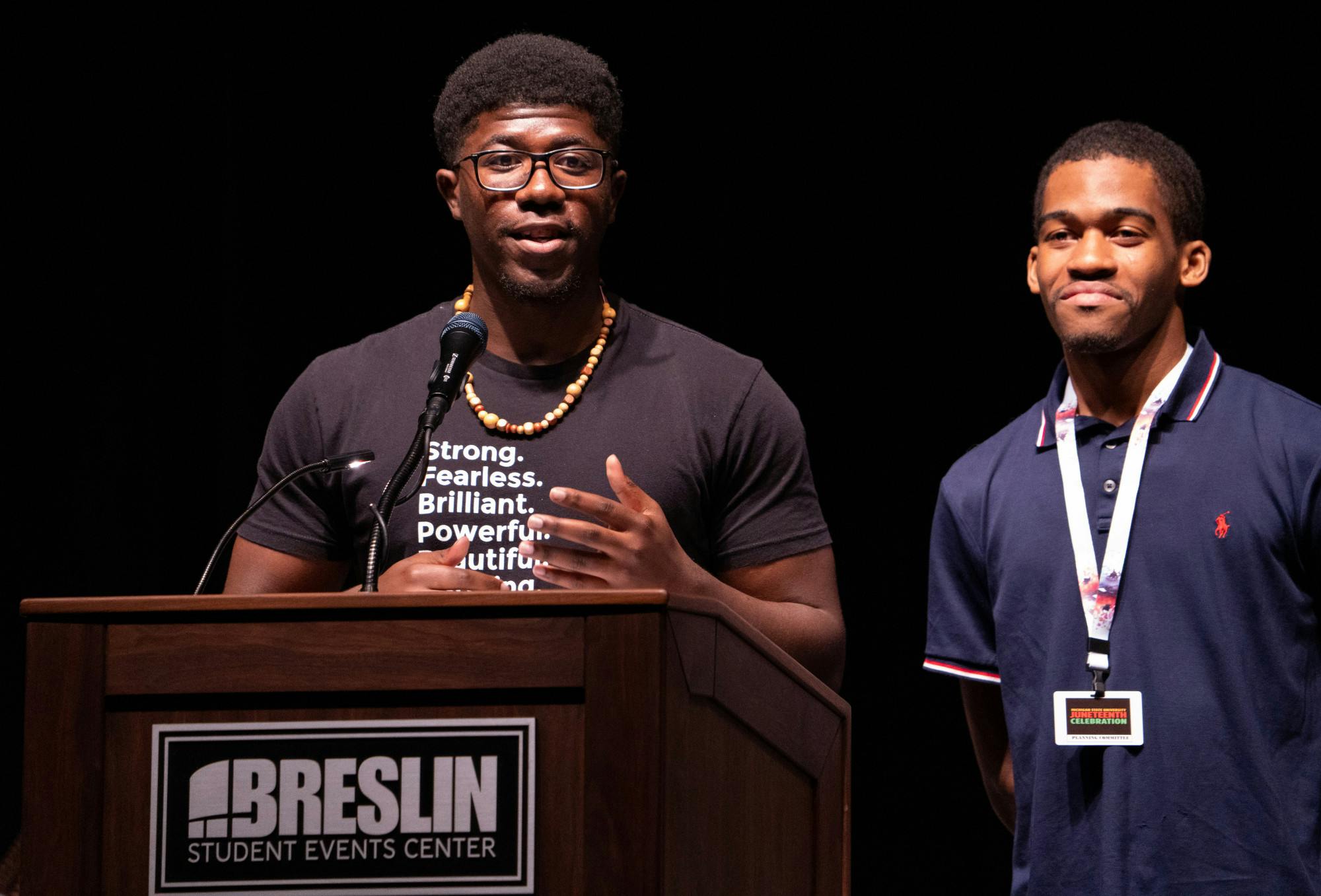<p>President of the the Black Graduate Student Aliance Antonio White adresses the crowd during the 2nd Annual Juneteenth celebration at the Breslin Student Events Center on June 17, 2022. </p>