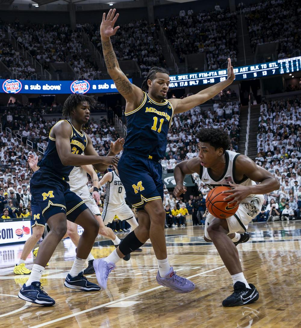 <p>MSU redshirt sophomore guard Jeremy Fears Jr. (1) keeps the ball away from UM senior guard Roddy Gayle Jr. (11) at the Breslin Student Events Center on Jan. 30, 2026. </p>