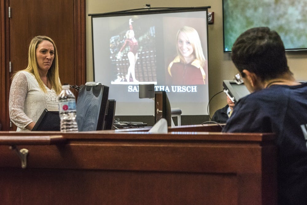 Samantha Ursch addresses Ex-MSU and USA Gymnastics Dr. Larry Nassar during her statement on the fourth day of Nassar's sentencing on Jan. 19, 2018, at the Ingham County Circuit Court in Lansing. (Nic Antaya | The State News)