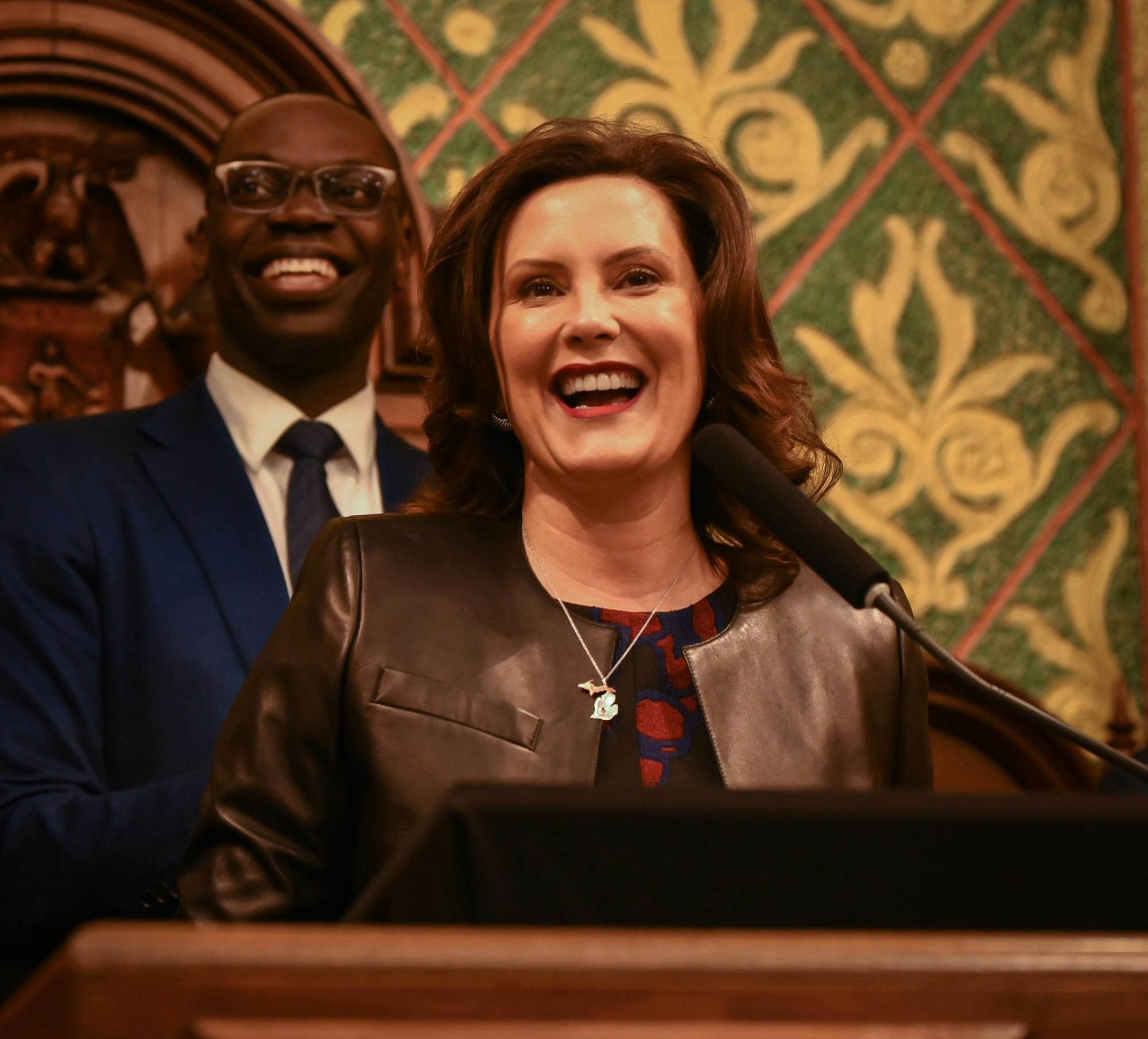 Michigan Gov. Gretchen Whitmer during her second State of the State address at the Michigan State Capitol in Lansing on January 29, 2020.