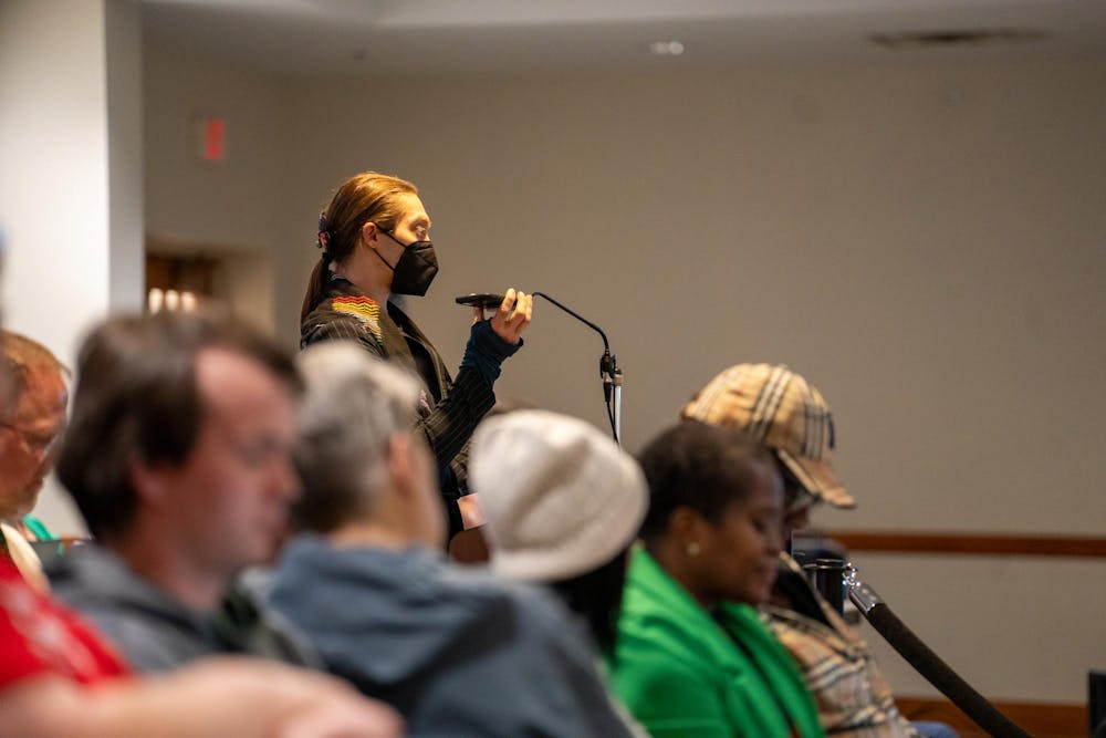 <p>An East Lansing resident makes a public comment during a City Council meeting at the Hannah Community Center in East Lansing, Michigan, on March 17, 2025.</p>