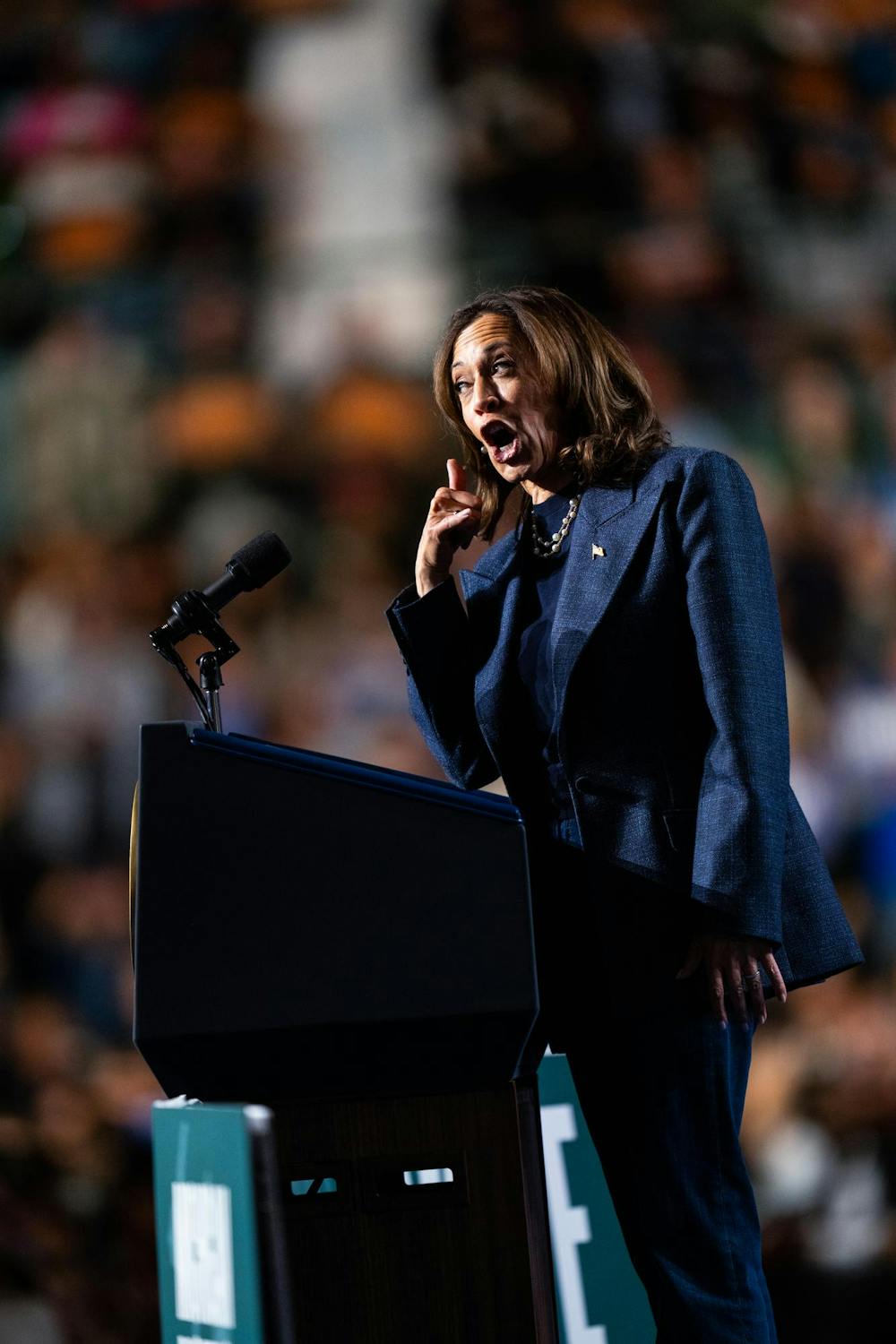 <p>Vice President Kamala Harris speaks at her presidential campaign rally on Michigan State University's campus in East Lansing, Michigan, on Nov. 3, 2024. Vice President Harris' rally at MSU demonstrates this election cycle's focus on young voters and battleground states like Michigan.</p>