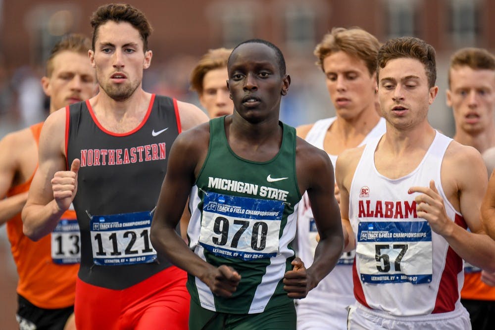 <p>Redshirt-sophomore Justine Kiprotich competes in the men's 1,500-meter run. Kiprotich placed first at the NCAA East Preliminary Round at Lexington, Kentucky with a time of 3:46.51. Photo courtesy of MSU Athletic Communications and Bryan Woolston.</p>