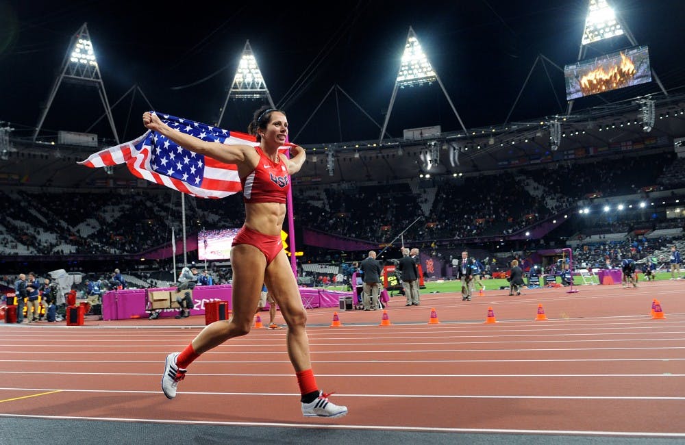 USA's Jennifer Suhr wins the gold medal in women's pole vault during the Summer Olympic Games in London, England on Monday, August 6, 2012. (Wally Skalij/Los Angeles Times/MCT)