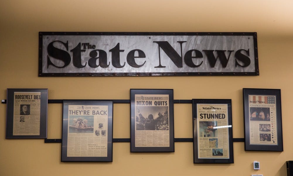 A sign in The State News office is pictured on March 10, 2019.