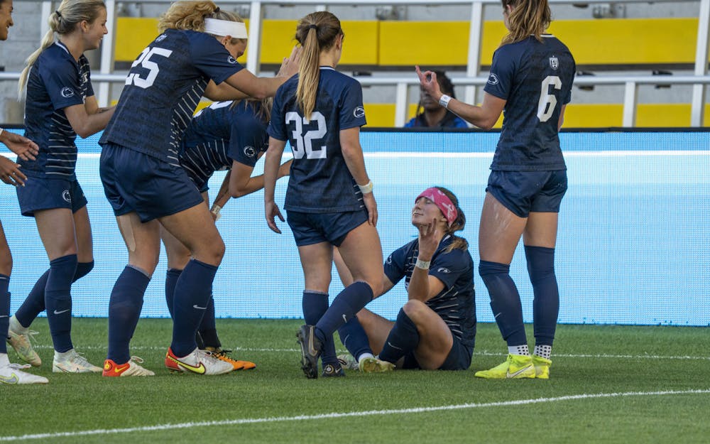 <p>Penn State celebrates its game-winning goal during its match against Michigan State in the championship round of the B1G Tournament on Sunday, Nov. 6, 2022 at Lower.com Field in Columbus, Ohio. The Nittany Lions won the match, 3-2. </p>