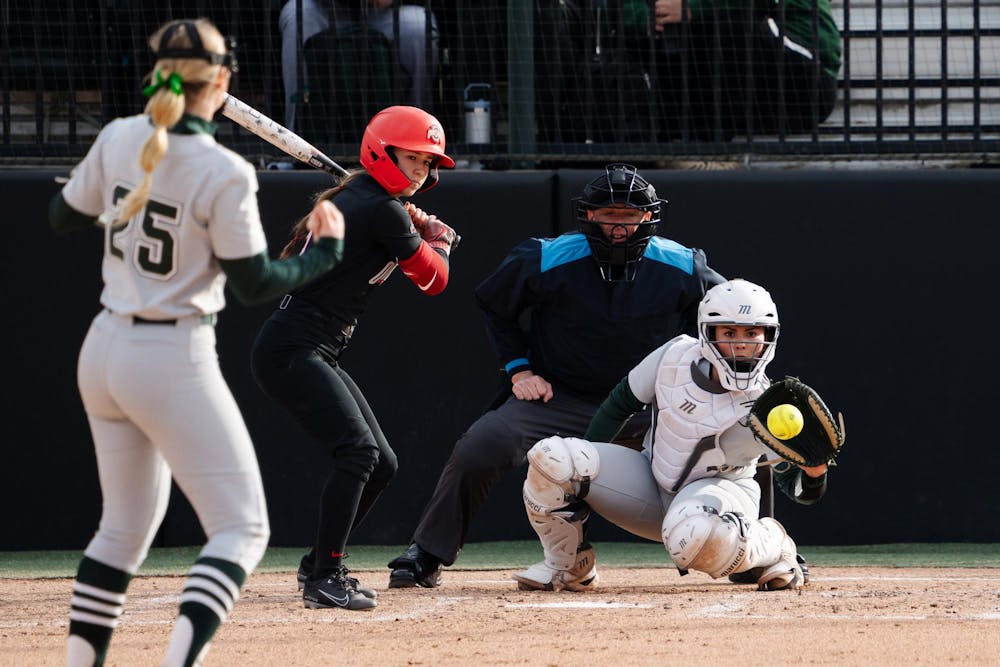 Ohio State junior utility Skylar Limon (5) misses the ball at Secchia Stadium on March 21, 2025. The Spartans lost the doubleheader to the Ohio State Buckeyes. 